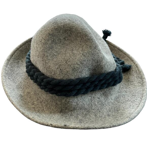 German Alpine Hiking Hat 100% Wool Gray Navy Blue Ribbon 57 cm - Picture 9 of 9